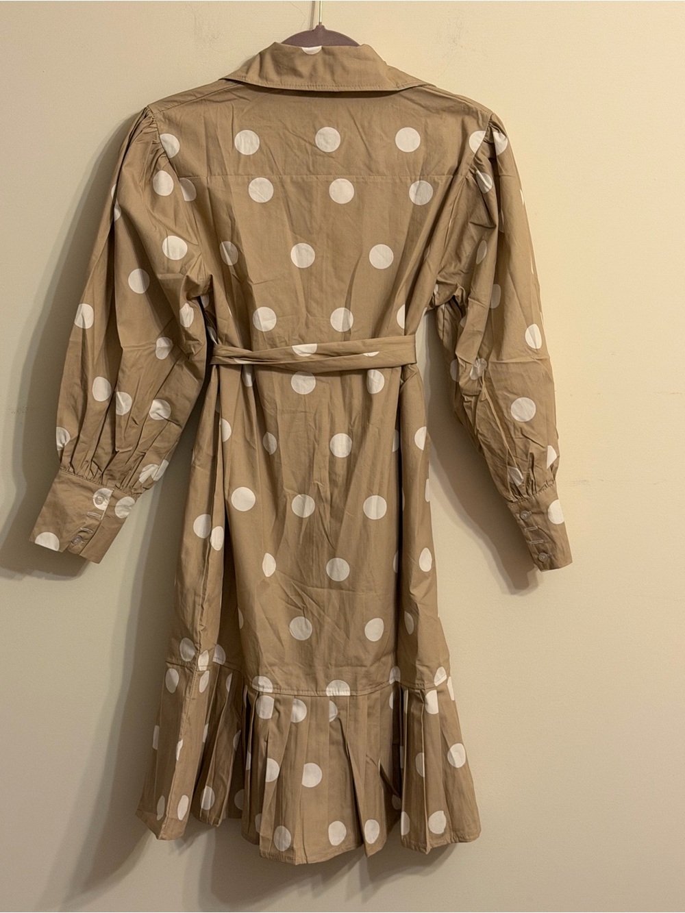 Polka Dot Tie-Waist Mini Dress in Khaki - Picture 4 of 4